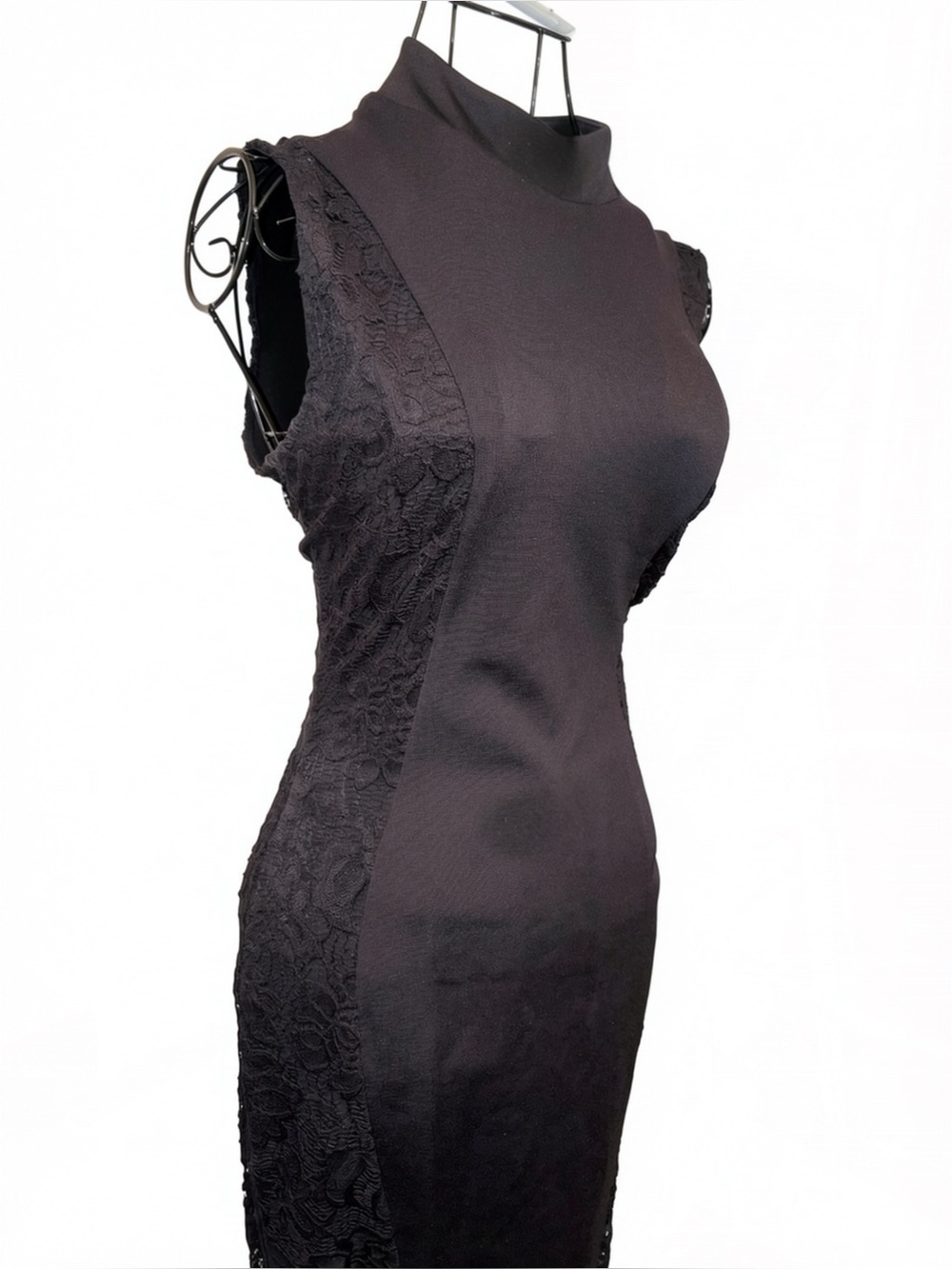 Bebe Black Lace Side Panel Mock Neck Bodycon Dress